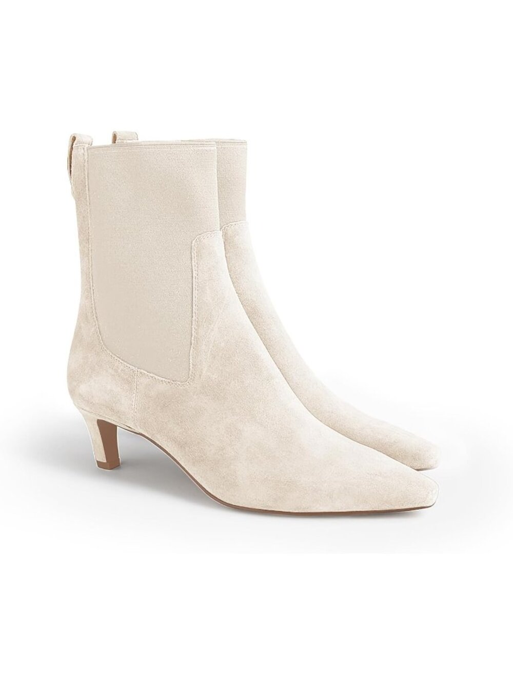 Women's Beige Ankle Boots Low Kitten Heel Pointed Toe Slip On Elastic Booties